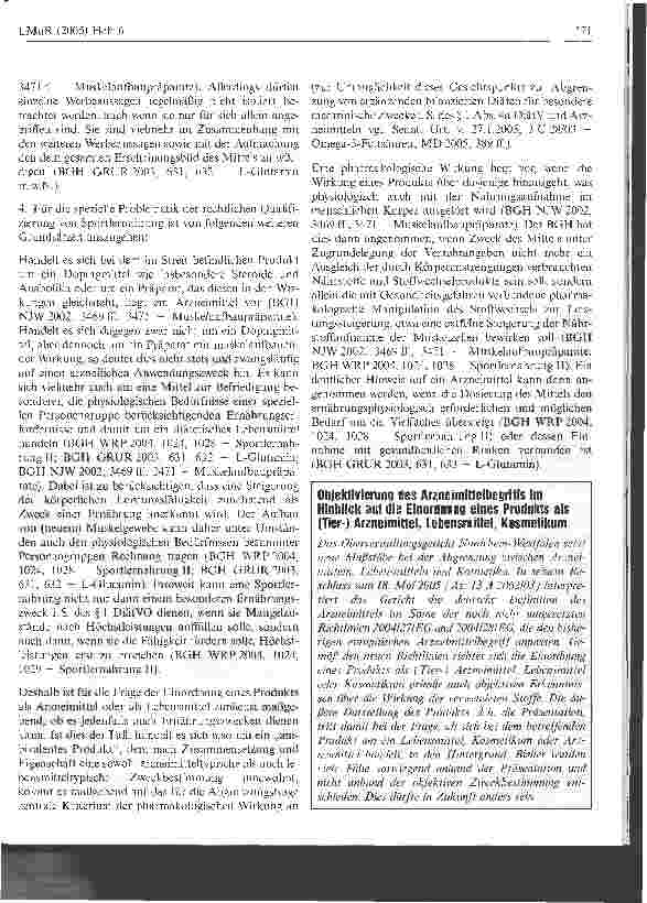 Vorschauseite 6: Zur Frage, unter welchen Voraussetzungensog. Sportlernahrung als Arzneimittel zu qualifizieren ist(hier: HMB-Kapseln; L-Carnitine-Produkte)