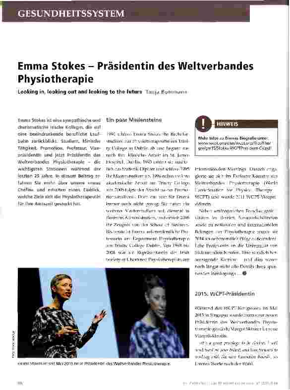 Vorschauseite 1: Emma Stokes - Präsidentin des Weltverbandes Physiotherapie