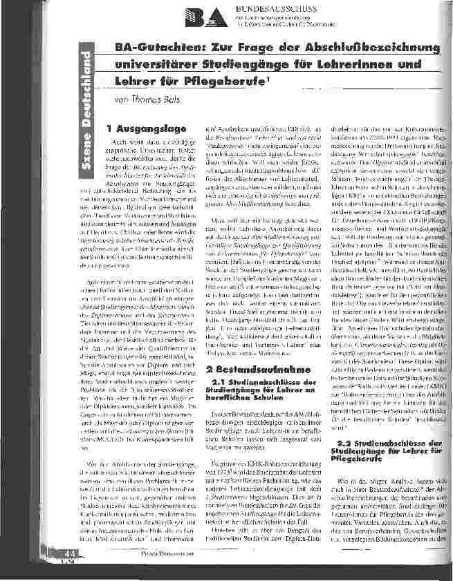 Vorschauseite 1: BA-Gutachten: Zur Frage der Abschlußbezeichnung universitärer Studiengänge für Lehrerinnen und Lehrer für Pflegeberufe