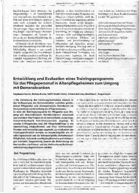Vorschauseite 1: Entwicklung und Evaluation eines Trainingsprogramms für das Pflegepersonal in Altenpflegeheimen zum Umgang mit Demenzkranken