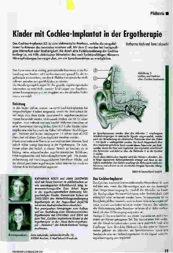 Vorschauseite 1: Kinder mit Cochlea-Implantat in der Ergotherapie