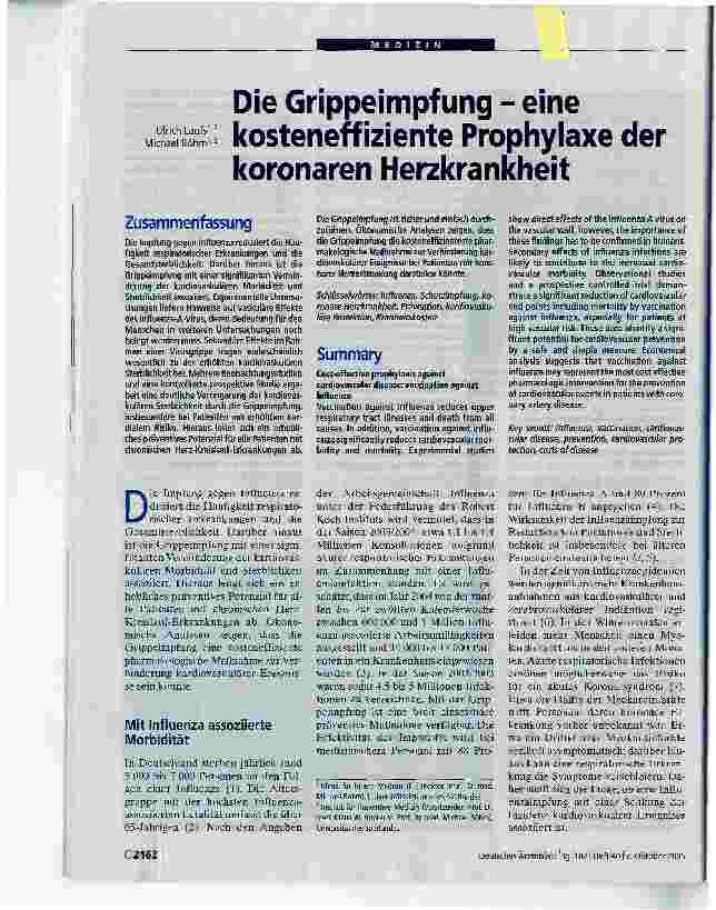 Vorschauseite 1: Die Grippeimpfung - eine kosteneffiziente Prophylaxe der koronaren Herzkrankheit