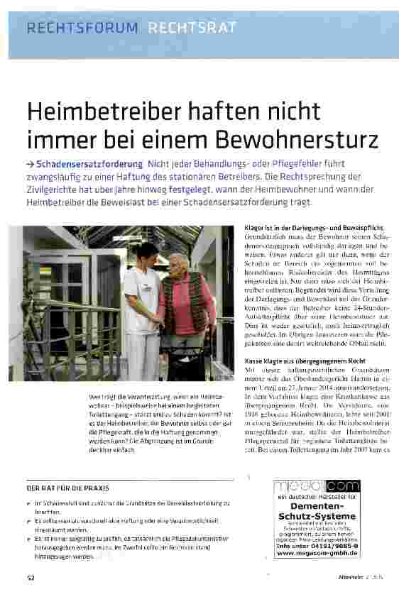 Vorschauseite 1: Heimbetreiber haften nicht immer bei einem Bewohnersturz