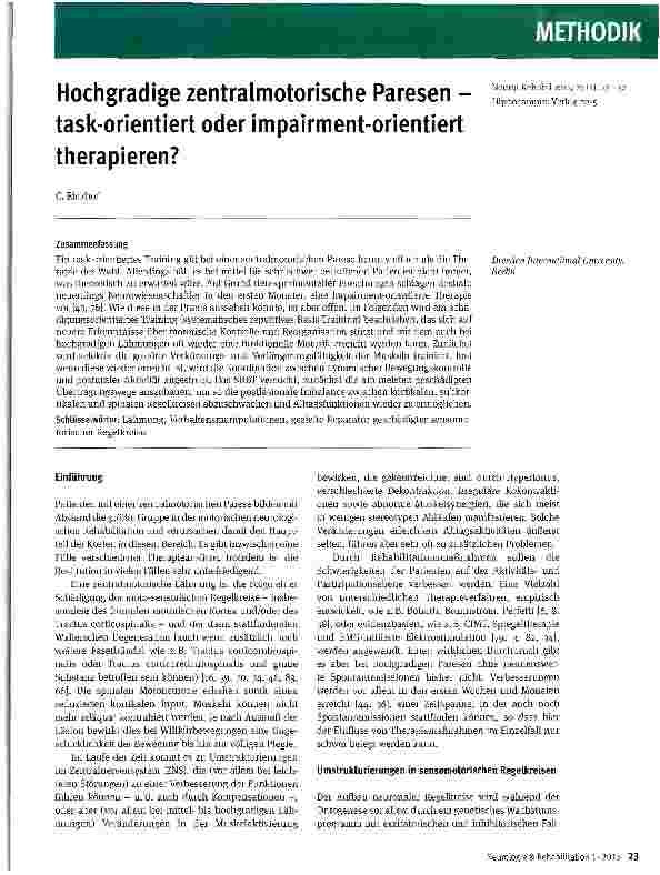 Vorschauseite 1: Hochgradige zentralmotorische Paresen -task-orientiert oder impairment-orientiert therapieren?