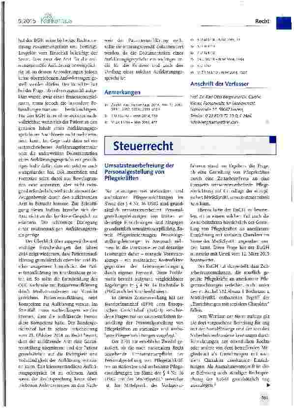 Vorschauseite 1: Umsatzsteuerbefreiung der Personalgestellung von Pflegekräften