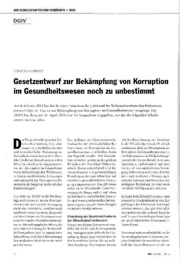 Vorschauseite 1: Gesetzentwurf zur Bekämpfung von Korruption im Gesundheitswesen noch zu unbestimmt