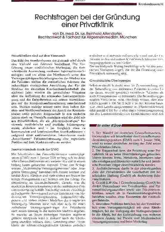 Vorschauseite 1: Rechtsfragen bei der Gründung einer Privatklinik