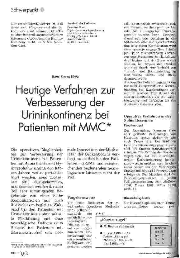 Vorschauseite 1: Heutige Verfahren zur Verbesserung der Urininkontinenz bei Patienten mit MMC