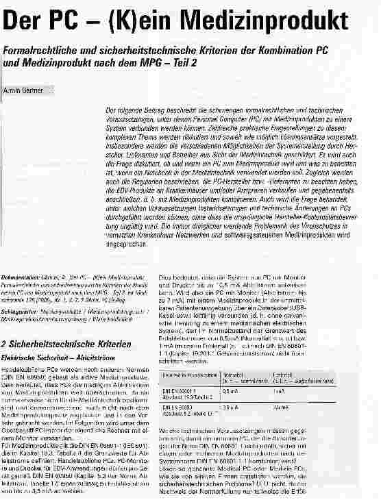 Vorschauseite 1: Der PC - (K)ein MedizinproduktFormalrechtliche und sicherheitstechnische Kriterien der Kombination PC und Medizinprodukt nach dem MPG - Teil 2
