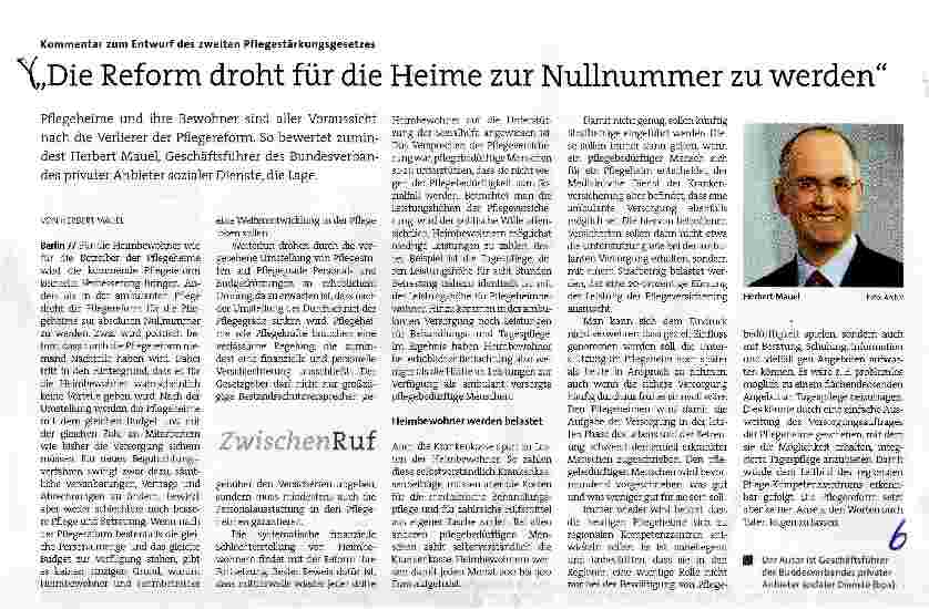 Vorschauseite 1: Die Reform droht für die Heime zur Nullnummer zu werden