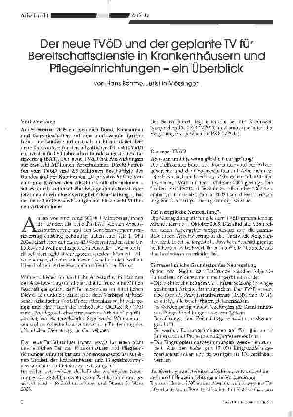 Vorschauseite 1: Der neue TVöD und der geplante TV fürBereitschaftsdienste in Krankenhäusern undPflegeeinrichtungen - ein Überblick