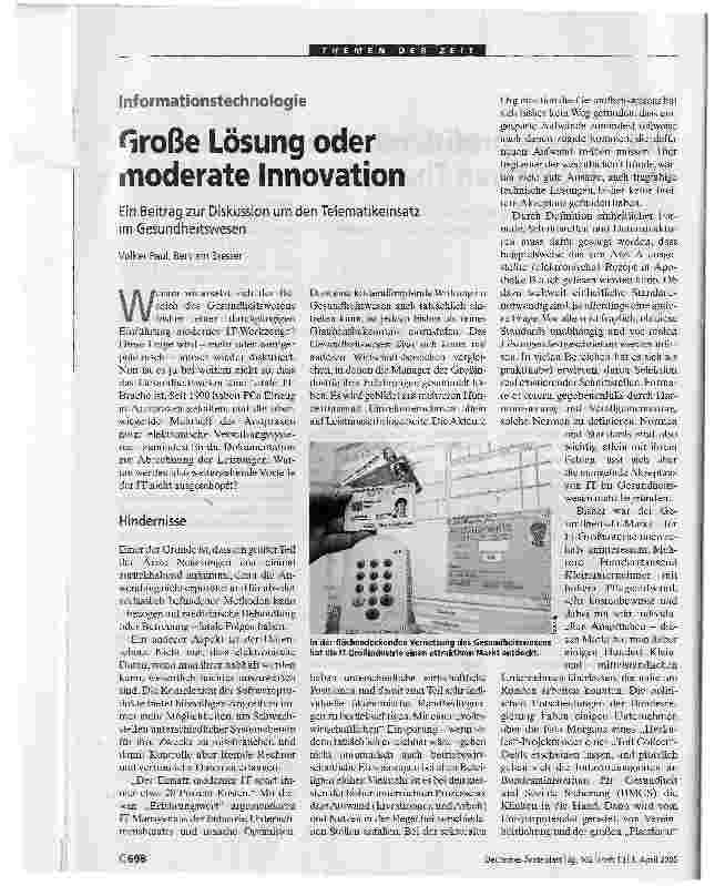 Vorschauseite 1: Große Lösung oder moderate InnovationEin Beitrag zur Diskussion um den Telematikeinsatz im Gesundheitswesen