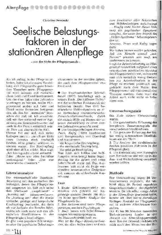 Vorschauseite 1: Seelische Belasungsfaktoren in der stationären Altenpflege aus der Sicht des Pflegepersonals