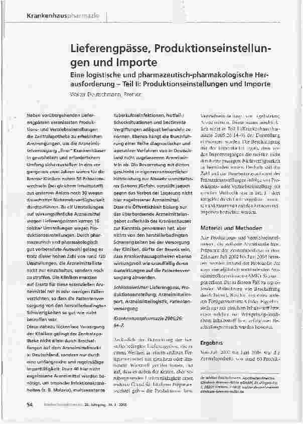 Vorschauseite 1: Lieferengpässe, Produktionseinstellungen und ImporteEine logistische und pharmazeutisch-pharmakologische Herausforderung -Teil II: Produktionseinstellungen und Importe