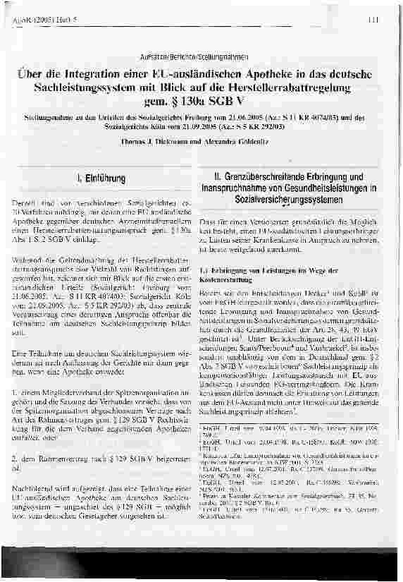 Vorschauseite 1: Über die Integration einer EU-ausländischen Apotheke in das deutsche Sachleistungssystem mit Blick auf die Herstellerrabattregelunggem. § 130a SGB V