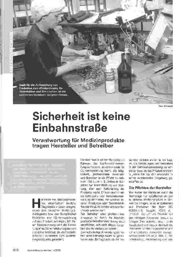 Vorschauseite 1: Sicherheit ist keine EinbahnstraßeVerantwortung für Medizinprodukte tragen Hersteller und Betreiber