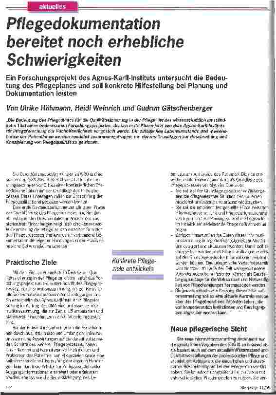 Vorschauseite 1: Pflegedokumentation bereitet noch erhebliche Schwierigkeiten Ein Forschungsprojekt des Agnes-Karll-Instituts untersucht die Bedeutung des Pflegeplanes und soll konkrete Hilfestell…