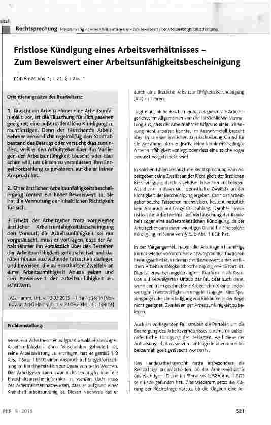 Vorschauseite 1: Fristlose Kündigung eines Arbeitsverhältnisses -Zum Beweiswert einer ArbeitsunfähigkeitsbescheinigungBGB § 626 Abs. 1; EFZG § 3 Abs. 1
