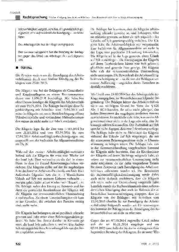 Vorschauseite 2: Fristlose Kündigung eines Arbeitsverhältnisses -Zum Beweiswert einer ArbeitsunfähigkeitsbescheinigungBGB § 626 Abs. 1; EFZG § 3 Abs. 1