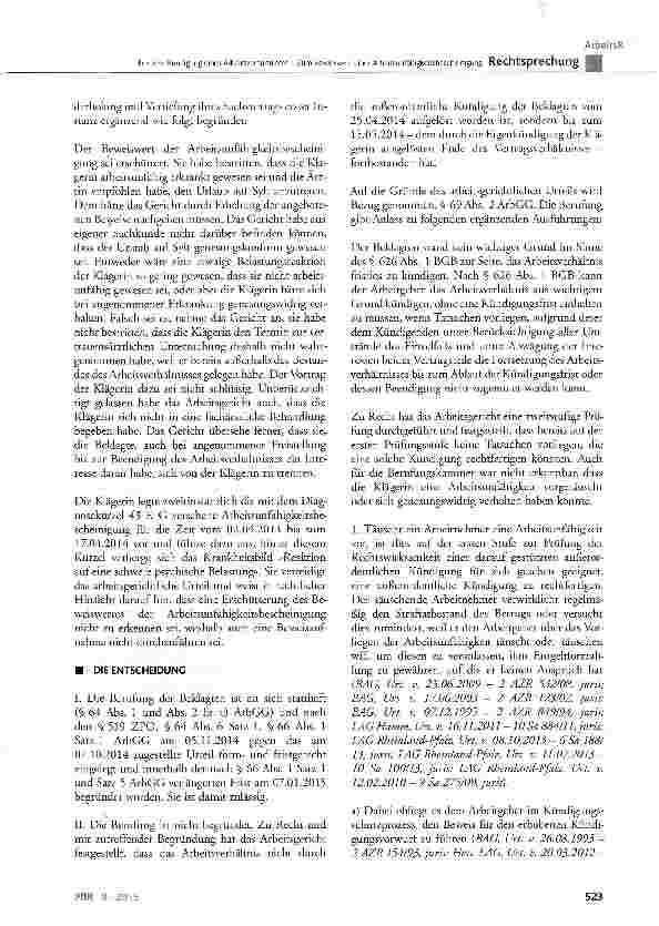 Vorschauseite 3: Fristlose Kündigung eines Arbeitsverhältnisses -Zum Beweiswert einer ArbeitsunfähigkeitsbescheinigungBGB § 626 Abs. 1; EFZG § 3 Abs. 1