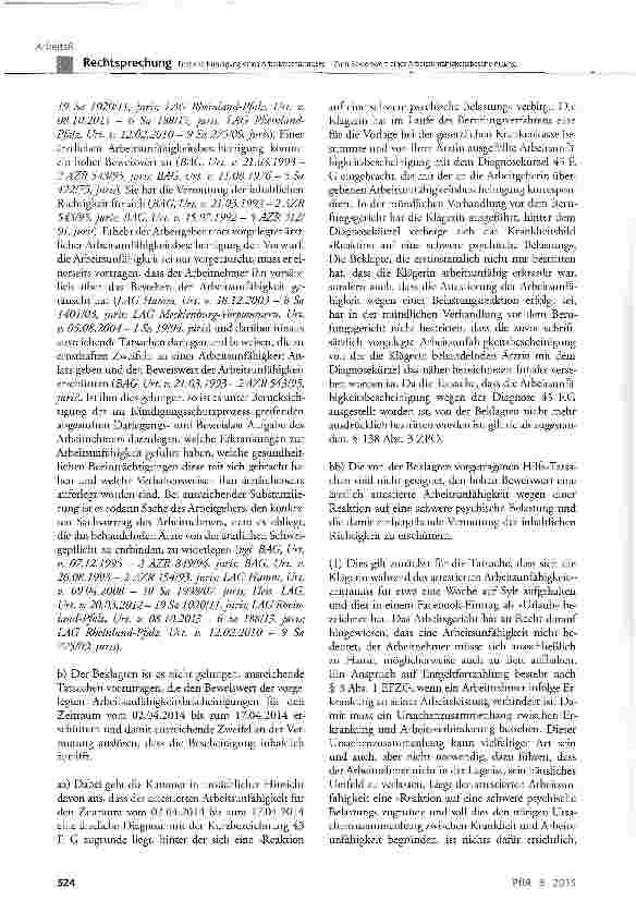 Vorschauseite 4: Fristlose Kündigung eines Arbeitsverhältnisses -Zum Beweiswert einer ArbeitsunfähigkeitsbescheinigungBGB § 626 Abs. 1; EFZG § 3 Abs. 1