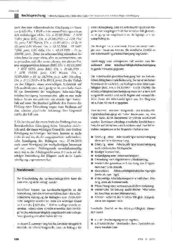 Vorschauseite 6: Fristlose Kündigung eines Arbeitsverhältnisses -Zum Beweiswert einer ArbeitsunfähigkeitsbescheinigungBGB § 626 Abs. 1; EFZG § 3 Abs. 1