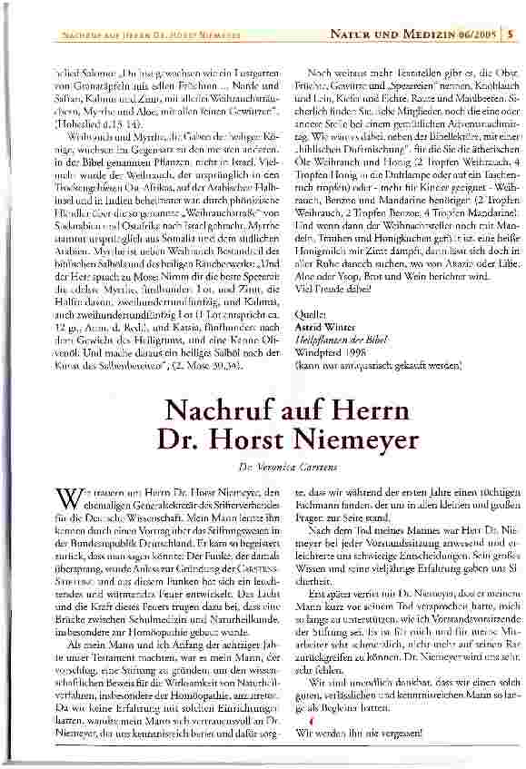 Vorschauseite 1: Nachruf auf Herrn Dr. Horst Niemeyer