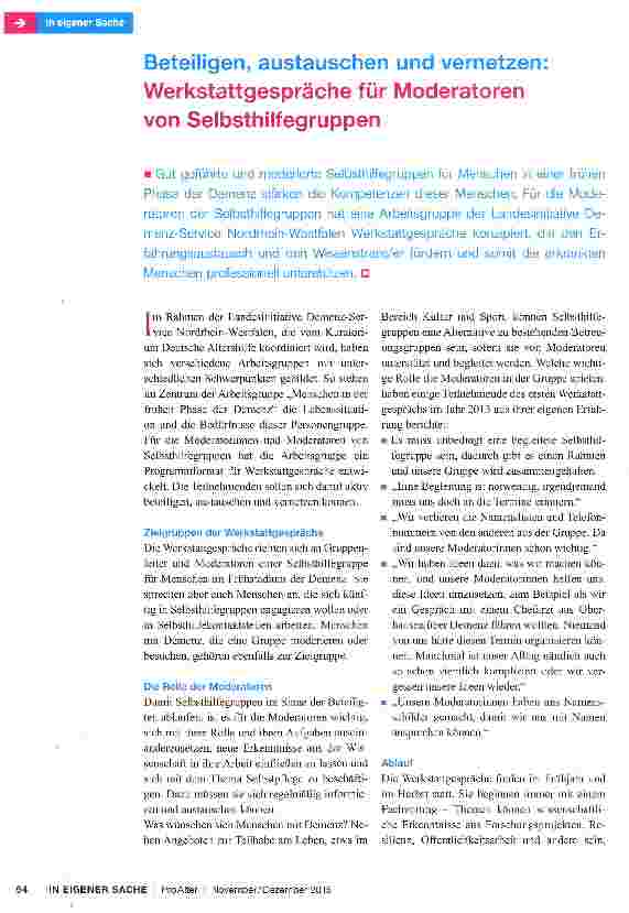 Vorschauseite 1: Beteiligen, austauschen und vernetzen: Werkstattgespräche für Moderatoren von Selbsthilfegruppen