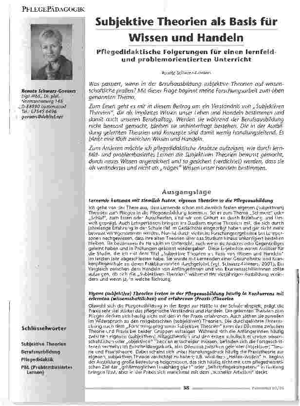 Vorschauseite 1: Subjektive Theorien als Basis Wissen und HandelnPflegedidaktische Folgerungen für einen Lernfeld-und problemorientierten Unterricht