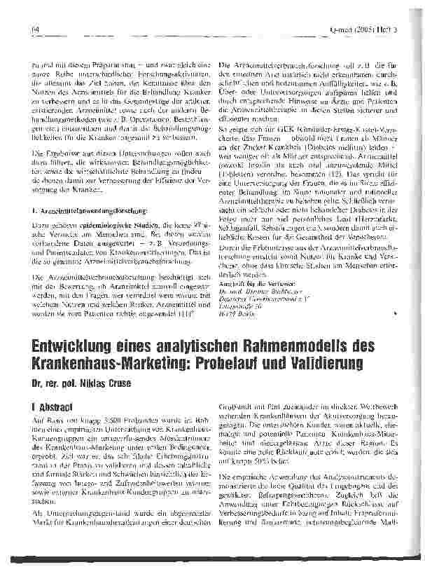 Vorschauseite 1: Entwicklung eines analytischen Rahmenmodells des Krankenhaus-Marketing: Probelauf und Validierung