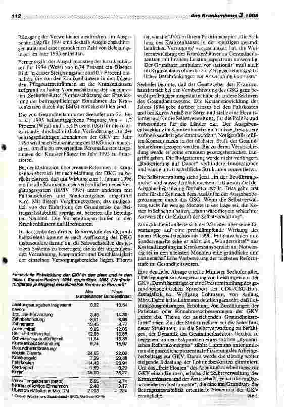 Vorschauseite 2: GKV-Ausgabenentwicklung 1994 Minister Seehofer: Reformziel des GSG wurde übertroffen DKG: Ausgabenentwicklung 1994 rechtfertigt keine Vorwürfe gegen Krankenhäuser