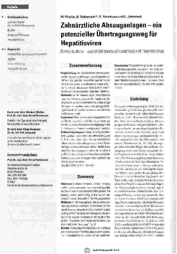 Vorschauseite 1: Zahnärztliche Absauganlagen - einpotenzieller Übertragungsweg für Hepatitisviren