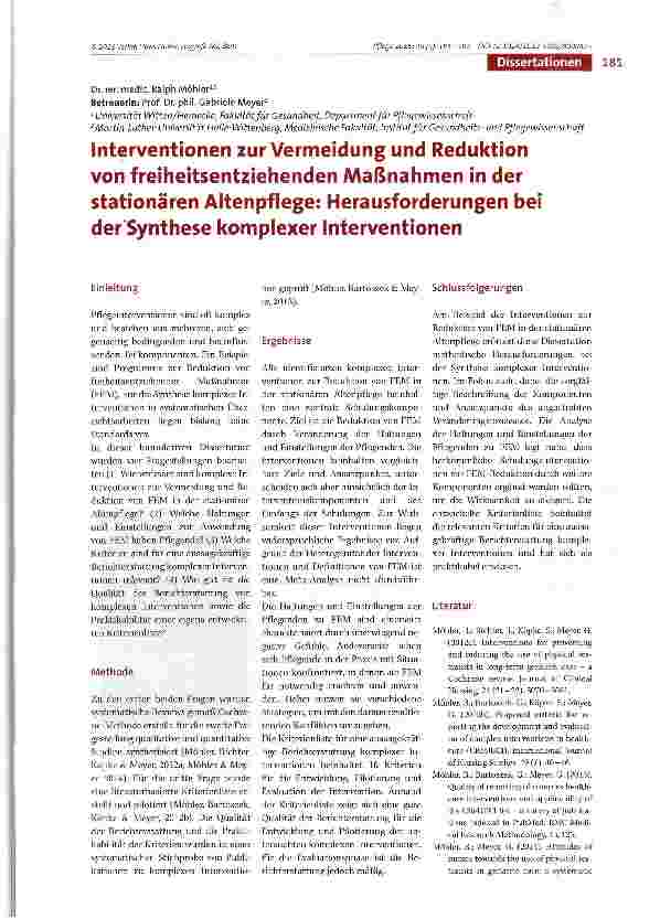Vorschauseite 1: Interventionen zur Vermeidung und Reduktion von freiheitsentziehenden Maßnahmen in der stationären Altenpflege: Herausforderungen bei der Synthese komplexer Interventionen