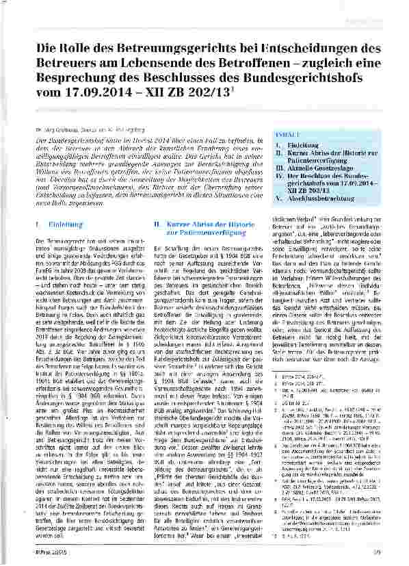 Vorschauseite 1: Die Rolle des Betreuungsgerichts bei Entscheidungen des Betreuers am Lebensende des Betroffenen - zugleich eine Besprechung des Beschlusses des Bundesgerichtshofs vom 17. 09. 2014…