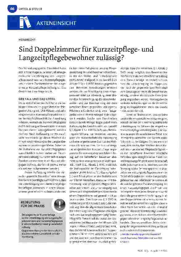 Vorschauseite 1: Sind Doppelzimmer für Kurzzeitpflegeund Langzeitpflegebewohner zulässig?
