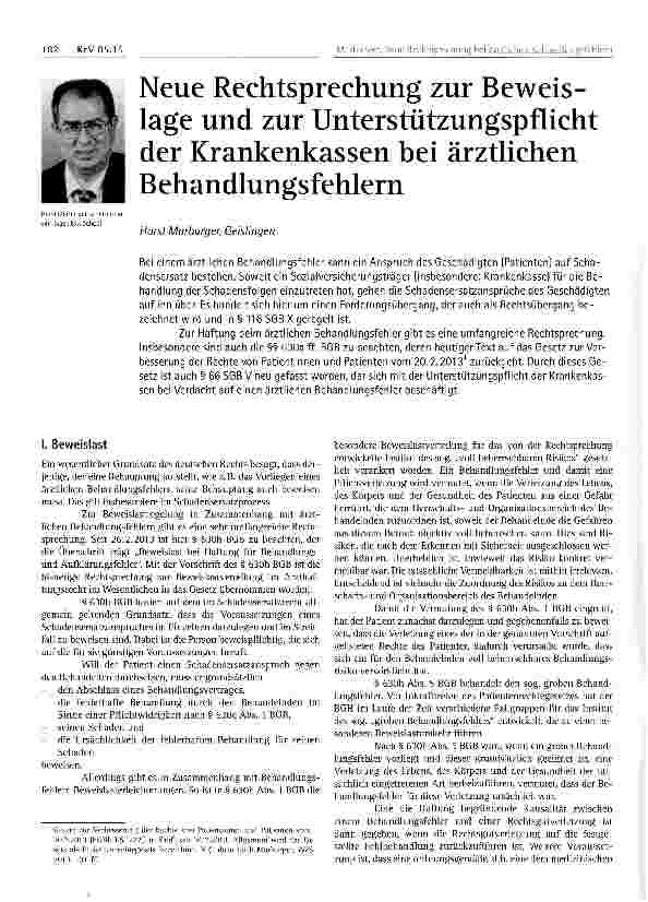 Vorschauseite 1: Neue Rechtsprechung zur Beweislage und zur Unterstützungspflicht der Krankenkassen bei ärztlichen Behandlungsfehlern