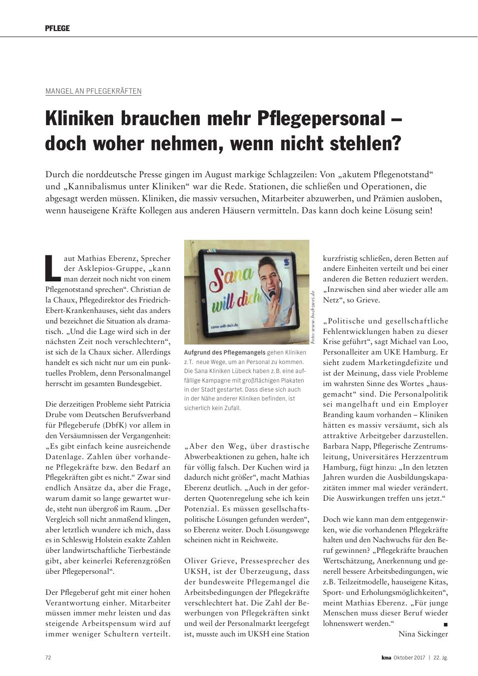 Vorschauseite 1: Mangel an Pflegekräften: Kliniken brauchen mehr Pflegepersonal ? doch woher nehmen, wenn nicht stehlen?