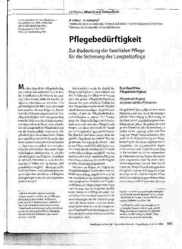 Vorschauseite 1: Pflegebedürftigkeit - Zur Bedeutung der familiären Pflege für die Sicherung der Langzeitpflege