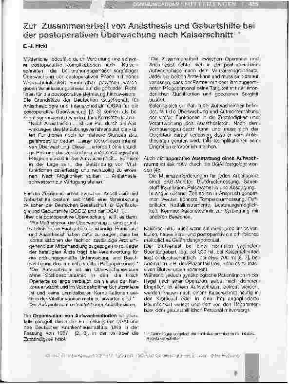 Vorschauseite 1: Zur Zusammenarbeit won Anästhesie und Geburtshilfe bei der postoperativen Überwachung nach Kaiserschnitt