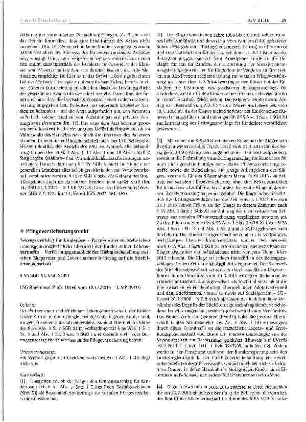 Vorschauseite 1: Beitragszuschlag für Kinderlose - Partner einer nichtehelichen Lebensgemeinschaft kein Elternteil der Kinder seiner Lebenspartnerin - Verfassungsgemäßheit der Nichtgleich Stellung…