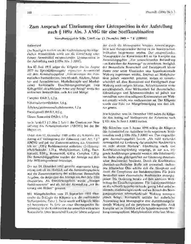 Vorschauseite 1: Zum Anspruch auf Einräumung einer Listenposition in der Aufstellung nach § 109a Abs. 3 AMG für eine Stoffkombination Verwaltungsgericht Köln, Urteil vom 13. Dezember 2005 - 7 K 10…
