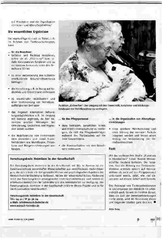 Vorschauseite 2: KuscheltiereBremer Forscher untersuchten erstmals die Wirkung von Kleintieren auf Senioren.