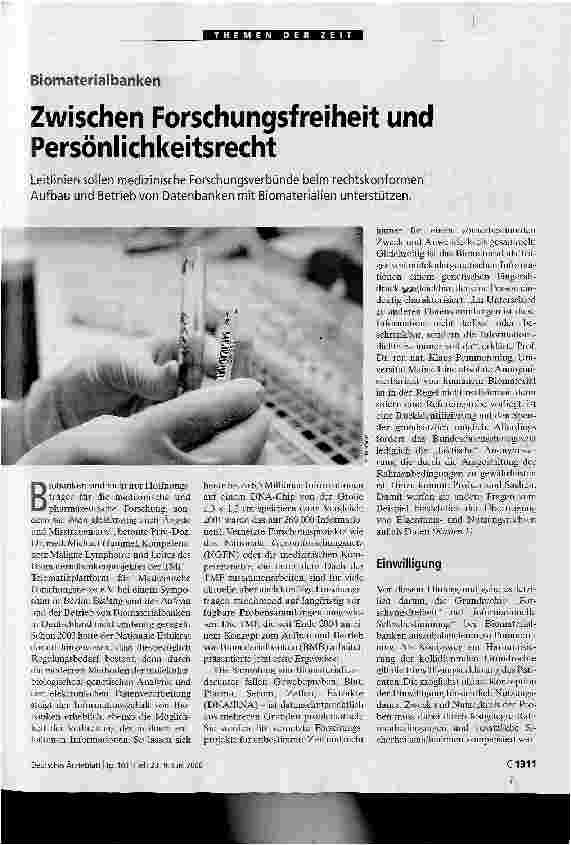 Vorschauseite 1: BiomaterialbankenZwischen Forschungsfreiheit und Persönlichkeitsrecht