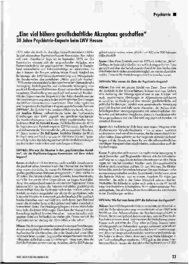 Vorschauseite 1: Eine viel höhere gesellschaftliche Akzeptanz geschaffen30 Jahre Psychiatrie-Enquete beim LWV Hessen