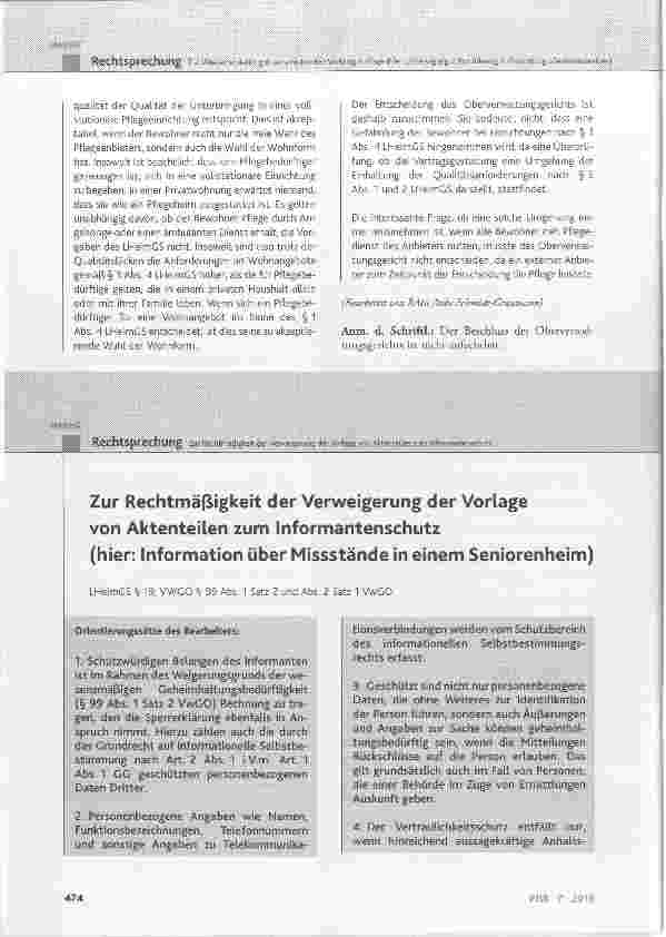 Vorschauseite 1: Zur Rechtmäfligkeit der Verweigerung der Vorlage von Aktenteilen zum Informantenschutz(hier: Information über Missstände in einem Seniorenheim)