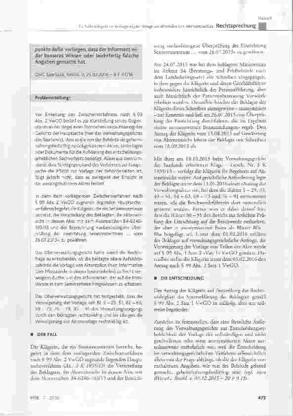 Vorschauseite 2: Zur Rechtmäfligkeit der Verweigerung der Vorlage von Aktenteilen zum Informantenschutz(hier: Information über Missstände in einem Seniorenheim)