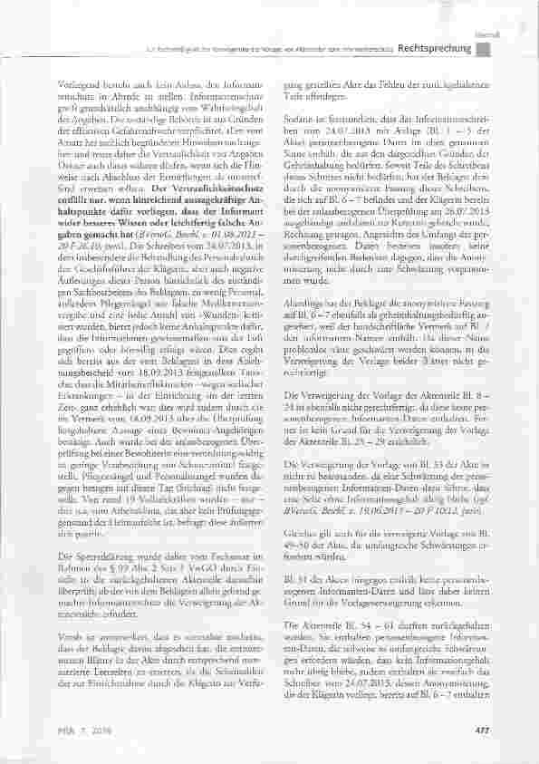 Vorschauseite 4: Zur Rechtmäfligkeit der Verweigerung der Vorlage von Aktenteilen zum Informantenschutz(hier: Information über Missstände in einem Seniorenheim)