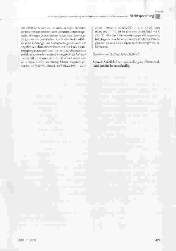 Vorschauseite 6: Zur Rechtmäfligkeit der Verweigerung der Vorlage von Aktenteilen zum Informantenschutz(hier: Information über Missstände in einem Seniorenheim)