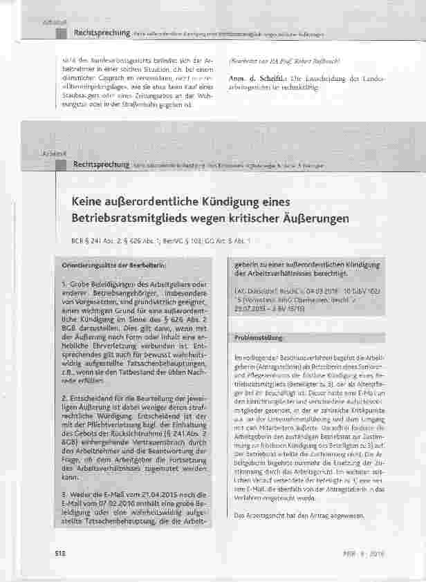 Vorschauseite 1: Keine außerordentliche Kündigung eines Betriebsratsmitglieds wegen kritischer Äußerungen