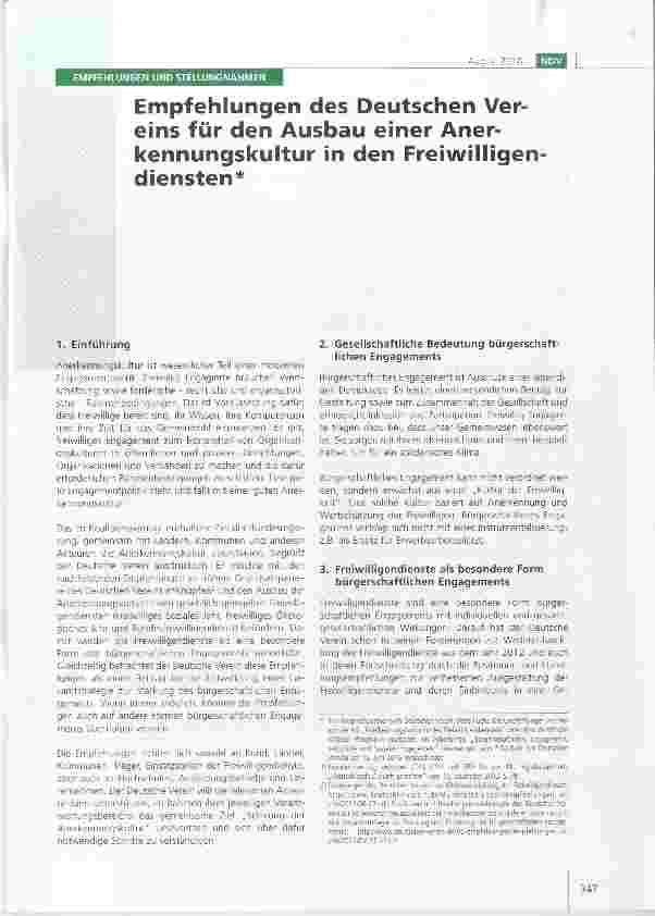 Vorschauseite 1: Empfehlungen des Deutschen Vereins für den Ausbau einer Anerkennungskultur in den Freiwilligendiensten